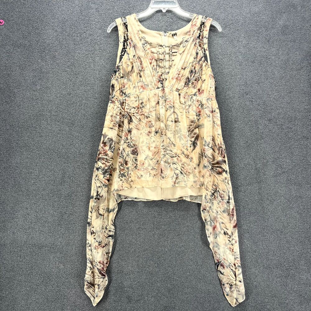Haute Hippie Runway Silk Top Womens 10 Floral Ring Trim Asymmetric Hem Blouse - Picture 2 of 16